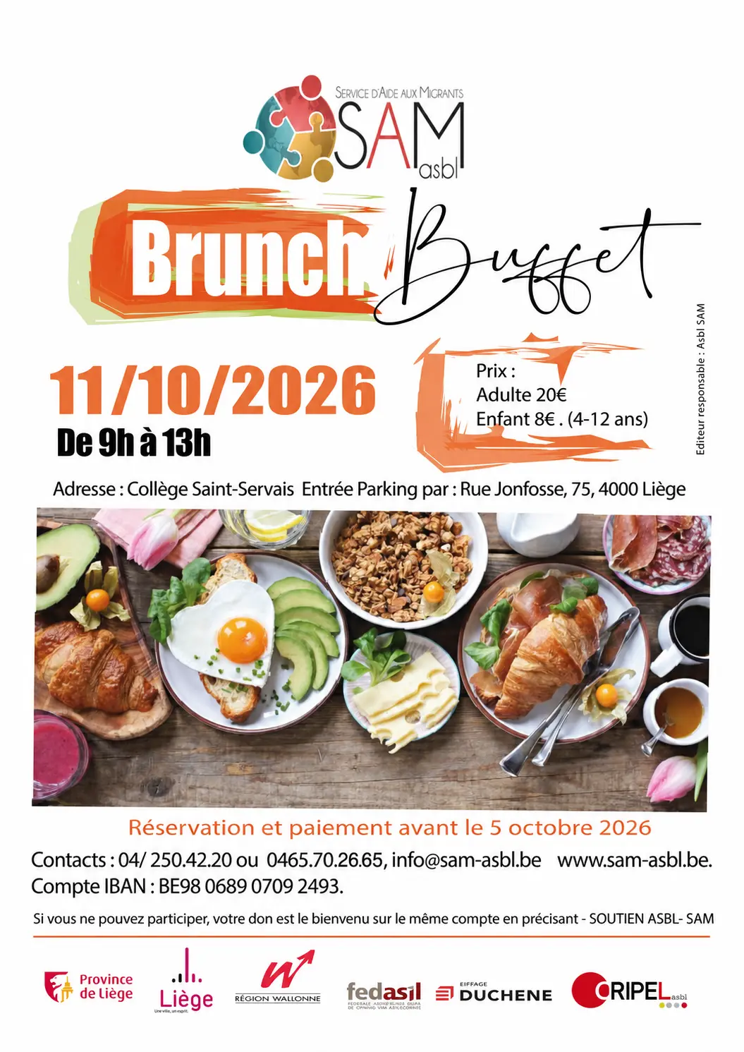 Affiche du Brunch Buffet de SAM asbl, organisé le dimanche 11 octobre 2026 de 9 h à 13 h au Collège Saint-Servais à Liège.